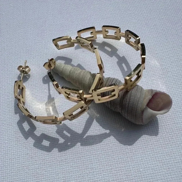 *NEW* 18K Gold Plated Stainless Steel Earrings - Chain  Link Open Hoop - Picture 3 of 8